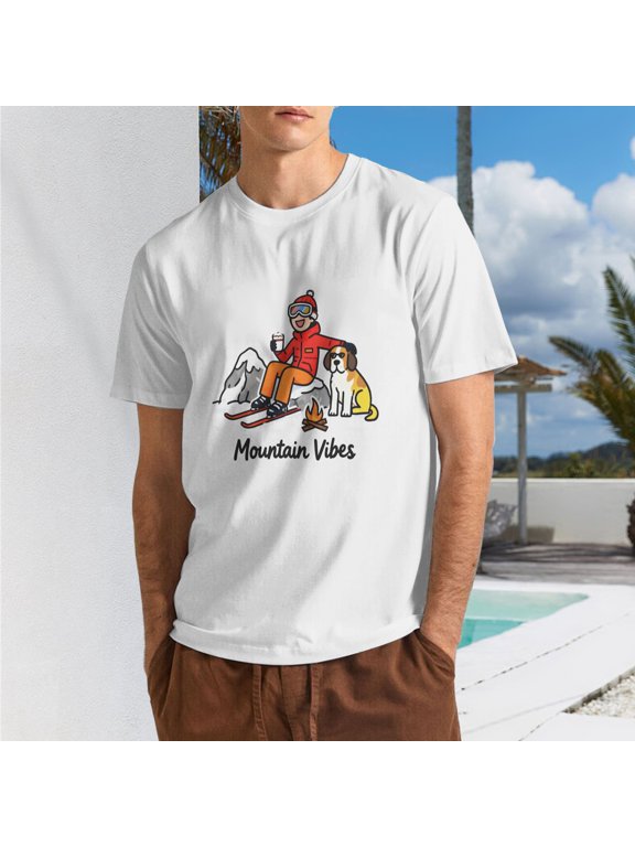 Men Cute Cartoon "Beach Day" Tropical Beach Man Drinking Coconut With Dog Campfire Crew Neck T-Shirt, Summer Vacation Poly Cotton Casual Short Sleeve Tee