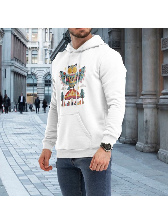 Men Cute Folk Art Colorful Geometric Owl Giant Mushroom Tiny Village Forest Graphic Pullover Hoodie, Magic Forest Fantasy Casual 230g Black Hoodie