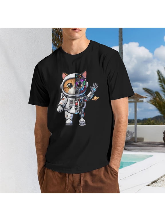 Men Cute Half Mechanical Astronaut Cat Space Crew Neck T-Shirt, Sci-Fi Robot Animal Poly Cotton Casual Short Sleeve Tee