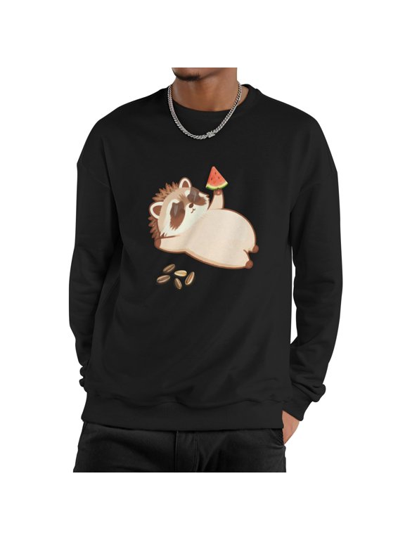 Men Cute Kawaii Lazy Chubby Raccoon Sunglasses Watermelon Slice Sunflower Seeds Crew Neck Sweatshirt, Summer Chill Animal Fleece Pullover