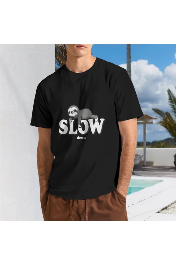 Men Cute Lazy Sloth "Slow Down" Graphic Crew Neck T-Shirt, Poly Cotton Casual Short Sleeve Tee For Animal Lovers Relax Daily Wear