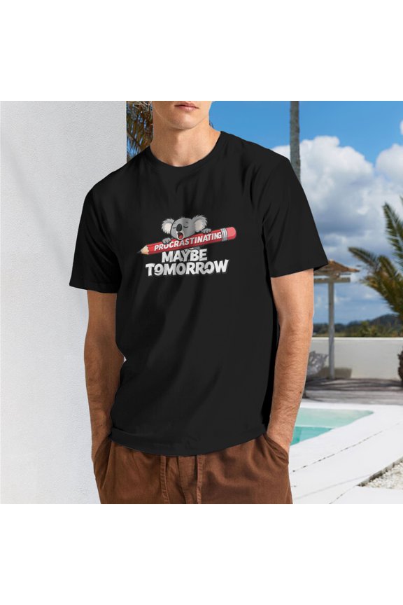 Men Cute Sleepy Koala Pencil Graphic T-Shirt, Funny Procrastinating Maybe Tomorrow Letter Crew Neck Poly Cotton Short Sleeve Tee