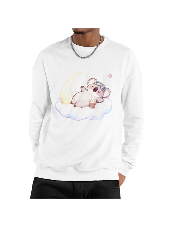 Men Cute Watercolor Sleepy Koala Astronaut Goggles Crescent Moon Star Cloud Space Crew Neck Sweatshirt, Cozy Animal Lover Fleece Long Sleeve Pullover