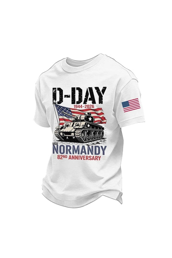 Men D-Day Anniversary T Shirt WWII Military History Graphic Short Sleeve Crewneck Tee Commemorative Patriotic Veteran Support Summer Top