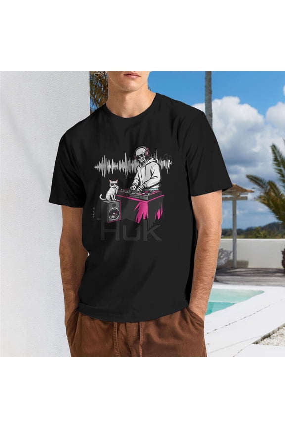 Men DJ Skeleton Cat Sound Wave Graphic T-Shirt, Retro Music HUK Logo Crew Neck Poly Cotton Short Sleeve Casual Tee