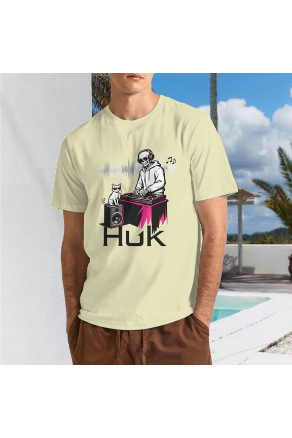 Men DJ Skeleton Cat Sound Wave Graphic T-Shirt, Retro Music HUK Logo Crew Neck Poly Cotton Short Sleeve Casual Tee