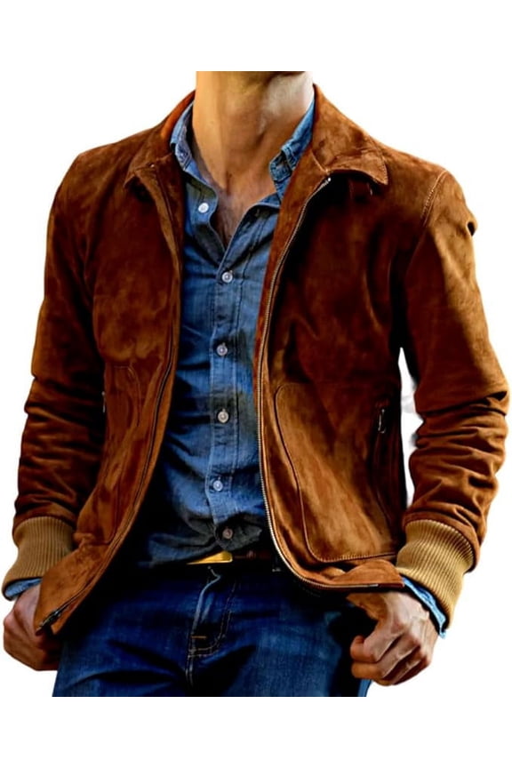 Men Dark Tan Suede Leather Bomber Style Jacket with Collar A293