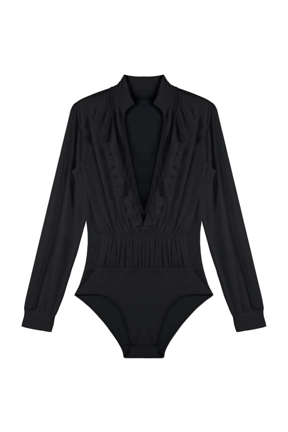 Men Deep V Neck Latin Dance Costume Long Sleeve Dance Shirts Rumba Samba Leotard Bodysuit Ballroom Modern Dancewear