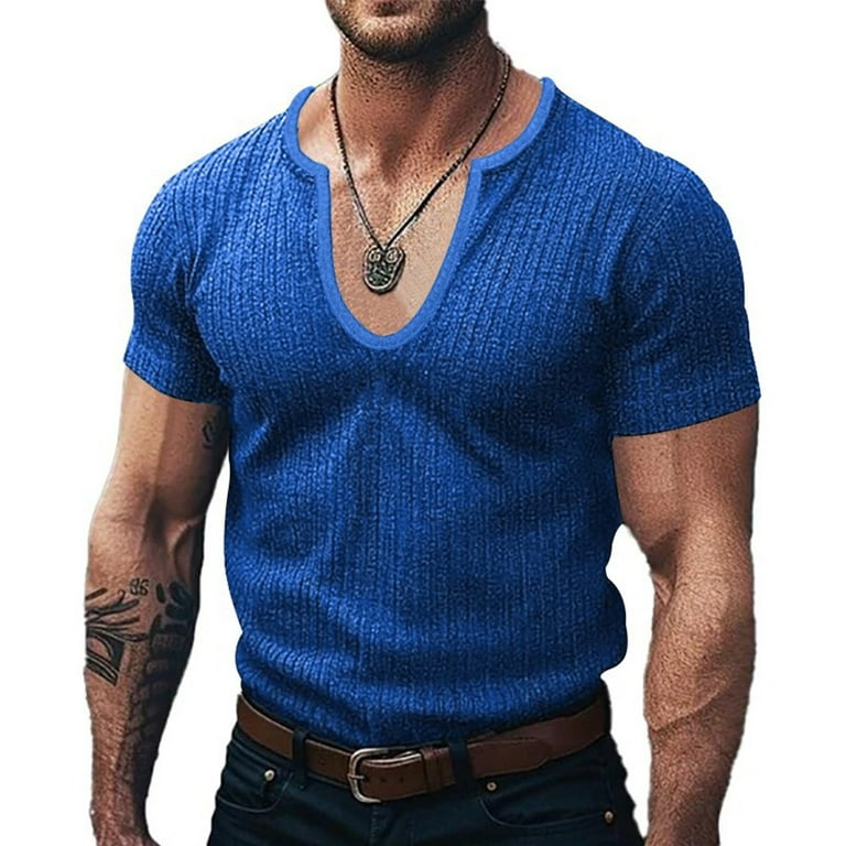 Men Deep V Neck T Shirt Short Sleeve Top Solid Color Tee Knitted Top Summer