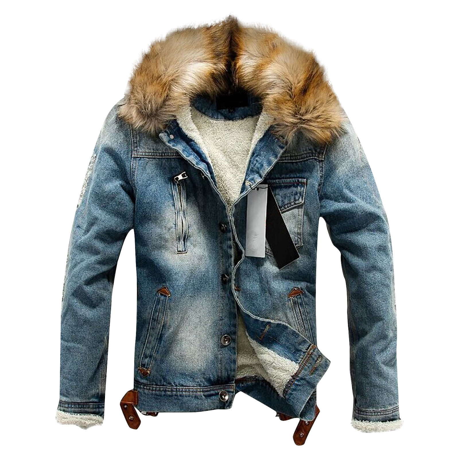 Faux fur hooded best sale button men's denim jacket