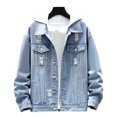 thumbnail image 1 of Men Denim Jacket Ripped Button Closure Solid Color Streetwear Spring Autumn Outerwear Loose Holes Jeans Coat for School, 1 of 7