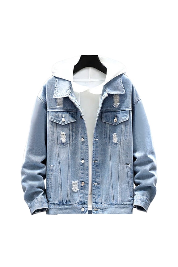 Men Denim Jacket Ripped Button Closure Solid Color Streetwear Spring Autumn Outerwear Loose Holes Jeans Coat for School