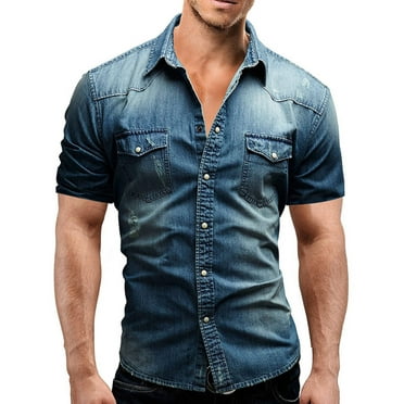 Men Denim Short-sleeved Slim Shirt Shirt