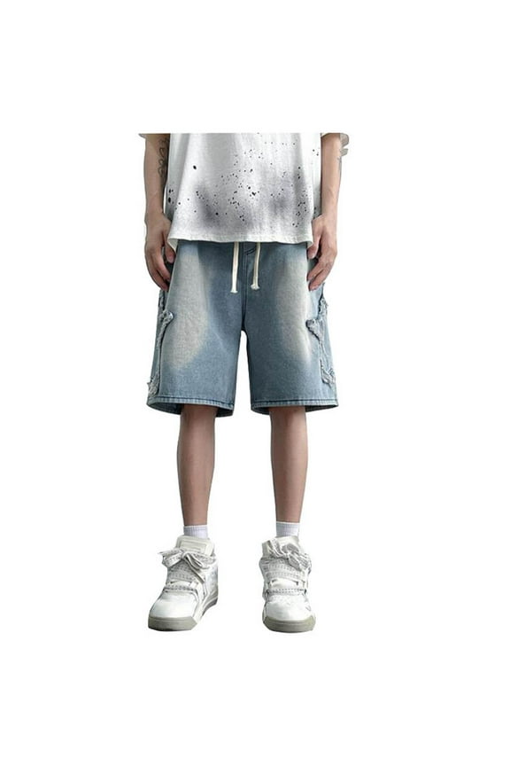 Men Denim Shorts Elastic Waist Short Jeans Summer Comfort Dailywear Bottoms