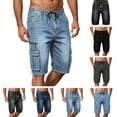 thumbnail image 1 of Men Denim Shorts Long Ndbuld Men's Ripped Denim Shorts & Jeans Summer Casual Classic Straight Distressed Ripped Short Jeans Light Blue,XL, 1 of 5