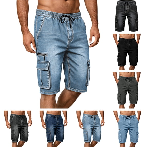 Men Denim Shorts Long Ndbuld Men's Ripped Denim Shorts & Jeans Summer Casual Classic Straight Distressed Ripped Short Jeans Light Blue,XL