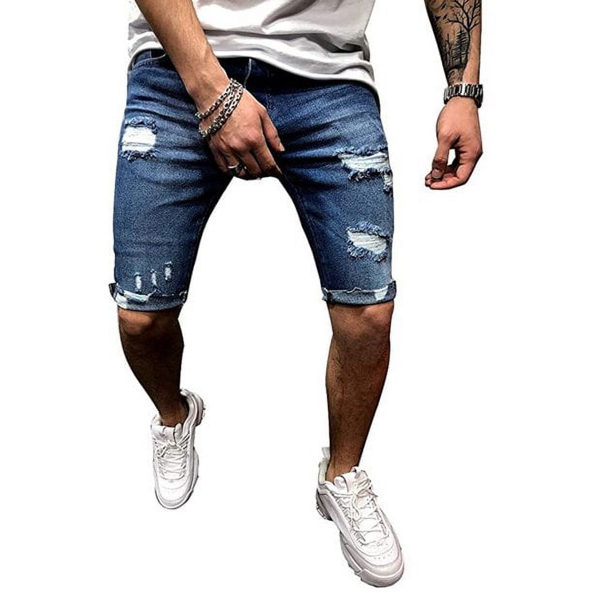 Blue Hem Denim Shorts Ripped Holes High Waist Distressed - Temu