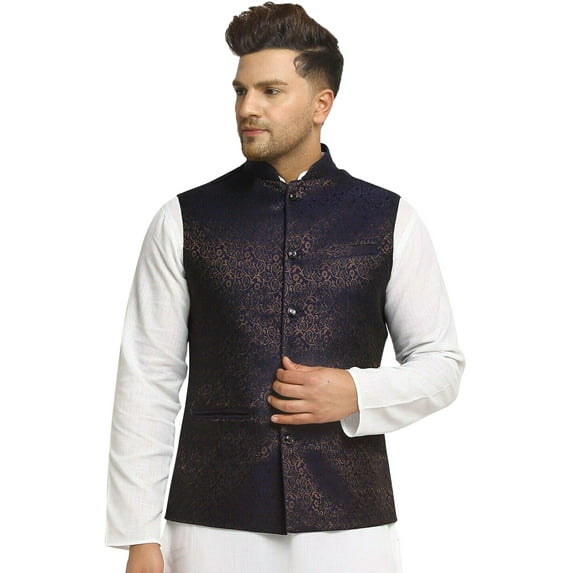 Men Designers Navy Blue & Gold Nehru Jacket Indian Traditional Bollywood Style Brocade Woven Embellishe, Size: 48