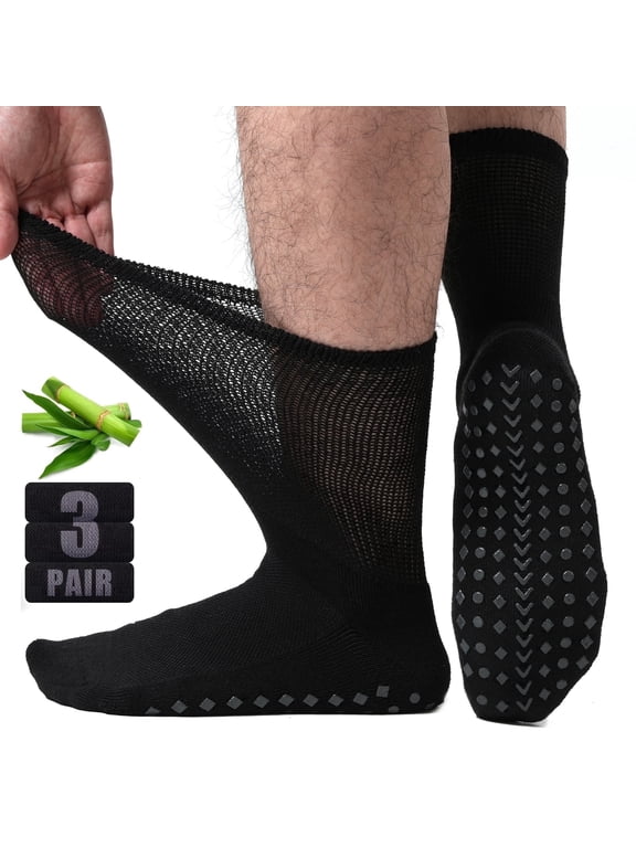 FreeYoka Men's Non-Binding Diabetic Socks, Breathable Mesh Crew Socks with Non-Slip Grips, 3 Pairs
