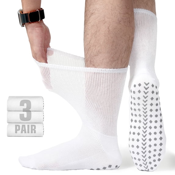 FREEYOKA Men Diabetic Socks 9-11 Extra Wide Seamless Non Binding Loose Fit Top Socks , 3 Pairs,WHITE