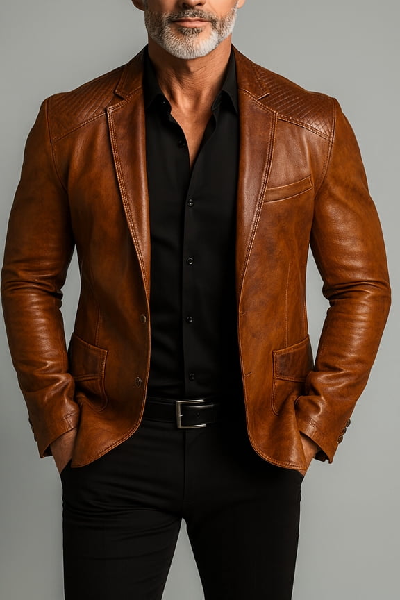 Men Distressed Brown Faux Leather Blazer Quilted Shoulder Notch Lapel Single Breasted Fall Winter Suit Jacket