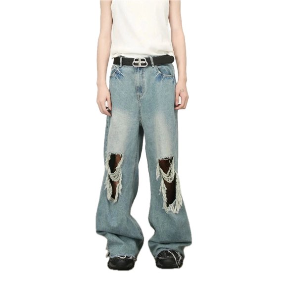 Men Distressed Jeans with Raw Hem Casual Fit Durable Denim Versatile Everyday Wear Modern Style for Daily Use Comfort