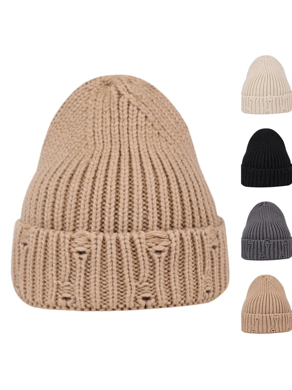 Men Distressed Ripped Knit Beanie Hat, Unisex Warm Cuffed Winter Skull Cap, Casual Cable Knit Stocking Hat for Outdoor Daily Cold Weather Khaki