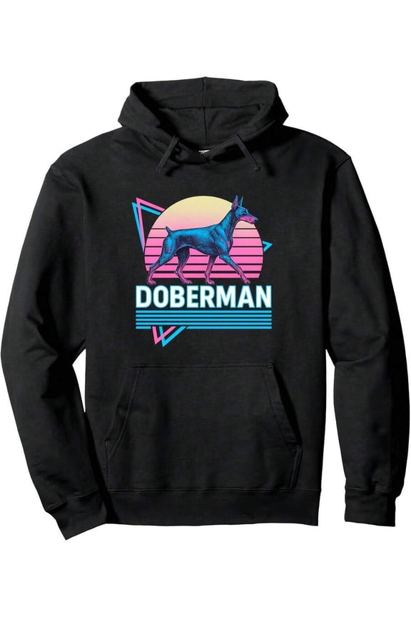 Men Doberman Pinscher Retro Vintage Synthwave Graphic Hoodie Neon Pink Blue Dog Print Pullover Sweatshirt 80s Inspired Casual Streetwear With Hooded Design Durable Digital Heat Transfer Graphic For D