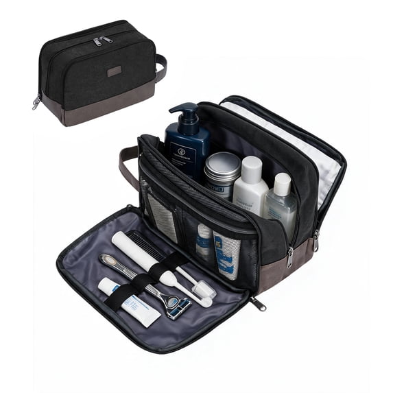 WANDF Men Toiletry Bag,Dopp Kit Shave Bag with Handle,Water Resistant Canvas Travel Toiletries Bathroom Bag with Wet Pocket,Travel Accessories Bag Cosmetic Organizer for Women(Black)