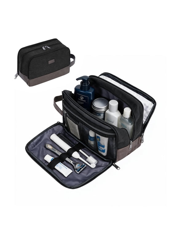 Mens Toiletry Bag,Hanging Dopp Kit Shave Bag with Wet Pocket,Water Resistant Canvas Travel Toiletries Bathroom Bag ,Travel Accessories Bag Cosmetic Organizer for Women(Black)