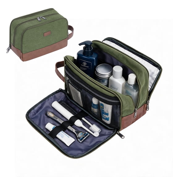 WANDF Men Toiletry Bag,Dopp Kit Shave Bag with Handle,Water Resistant Canvas Travel Toiletries Bathroom Bag with Wet Pocket,Travel Accessories Bag Cosmetic Organizer for Women (Green)