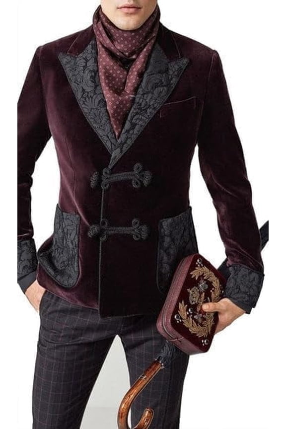 Men’s Velvet Embroidered Blazer Jacket | Slim Fit Designer Tuxedo Coat with Shawl Lapel | Wedding Party Formal Wear