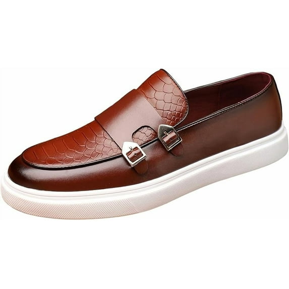 Men Double Monk Strap Dress Sneakers,Casual Fashion Formal Business Patent Leather Slip On Loafers Dress Shoes Penny Loafers
