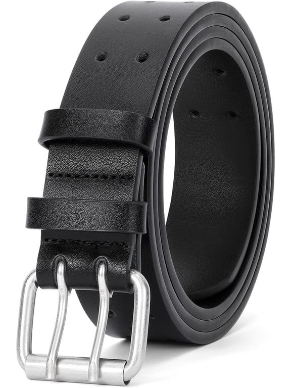 Men Double Prong PU Leather Belt Casual Work Heavy Duty Belt Double Grommet Holes Belt for Jeans