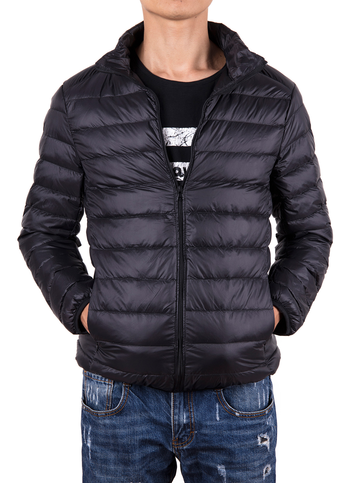 Men Down Jacket Outwear Puffer Coats Casual Zip Up Windbreaker Lightweight Winter Jackets Black - image 1 of 8