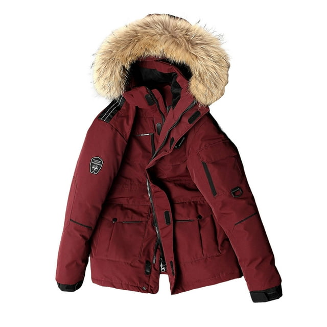 Men Down Jacket with Multiple Pockets Hooded Faux Fur Trim Long Sleeve Windproof Design Outdoor Coat Zipper Placket Cargo Down Coat