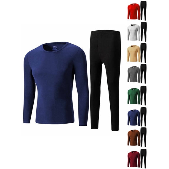Men Dralon Thermal Base Layer Set Zaewscy Man Solid Color Casual Fashion Elastic Base Outdoor Running For Fitness Round Neck Keep Warm Sets Navy XS