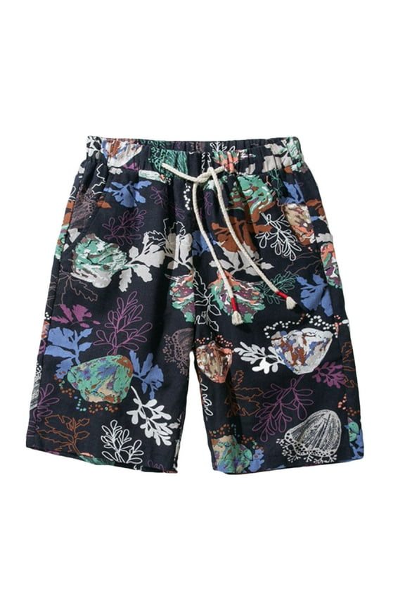 Men Drawstring Cotton and Linen Floral Ethnic Style Beach Casual Trouser Shorts Gray XXL