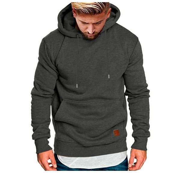 Men Drawstring Hoodies with Pockets Casual Hoodie with Leather Label Business Comfortable Loose Trendy Hoodies for Streetwear