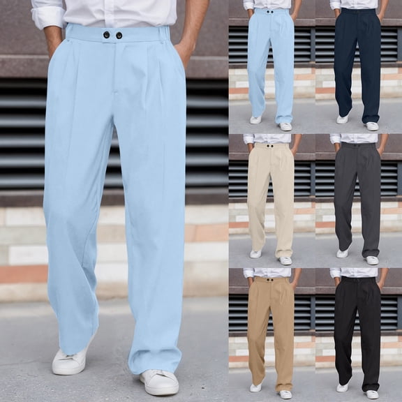 Men Dress Pant Solid Color Casual Comfortable Flat Front Trousers Business Blue Pant
