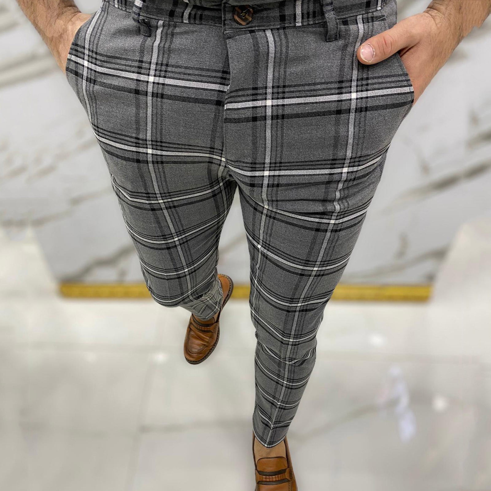 Men Dress Pants,Mens Casual Plaid Stretch Flat-Front Skinny Business Pencil  Long Pants Trousers with Pockets