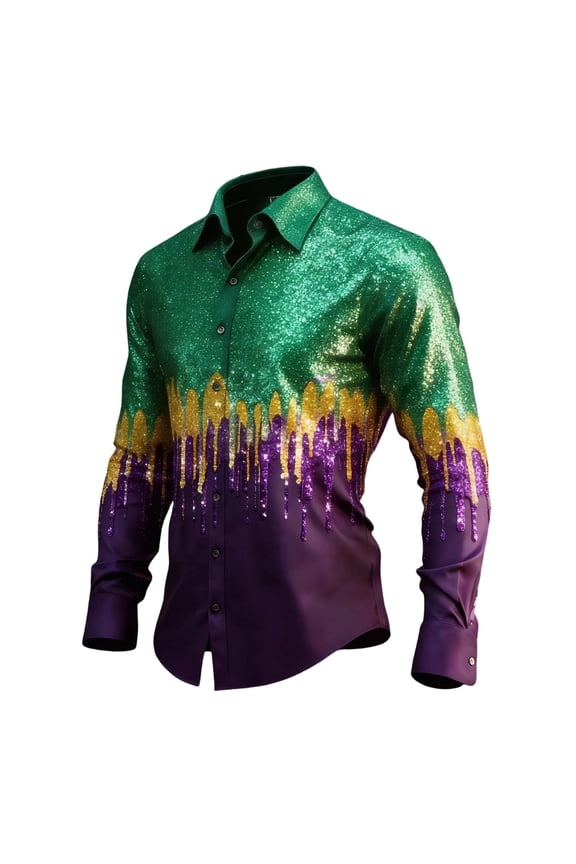 Men Dress Shirt Sequins Long Sleeve Button Down Shirt for Disco Party Color Dark Purple Size 4XL