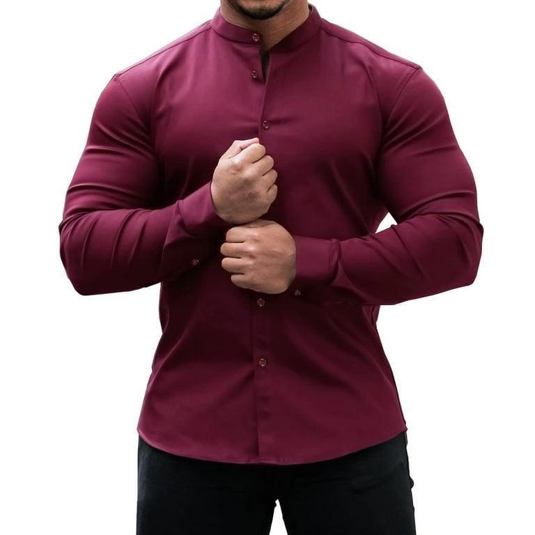 Men Dress Shirts Slim Fit Stretch Banded Collar Long&Short Sleeve Casual  Button Down Shirt - Walmart.com