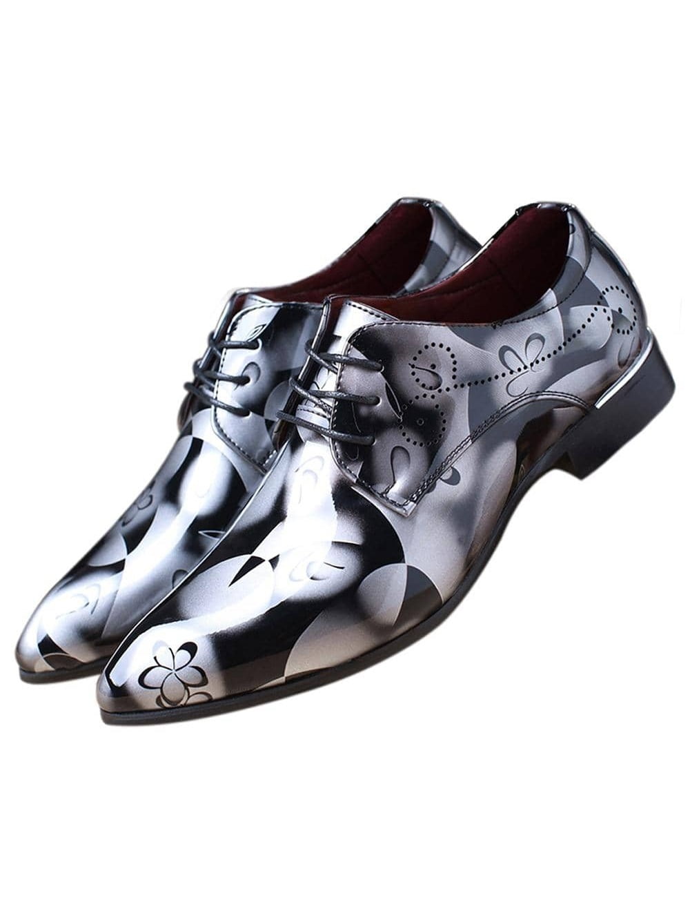 Men Dress Shoes Lace Up Oxford Shoes Pointed Toe Floral Patent Leather ...