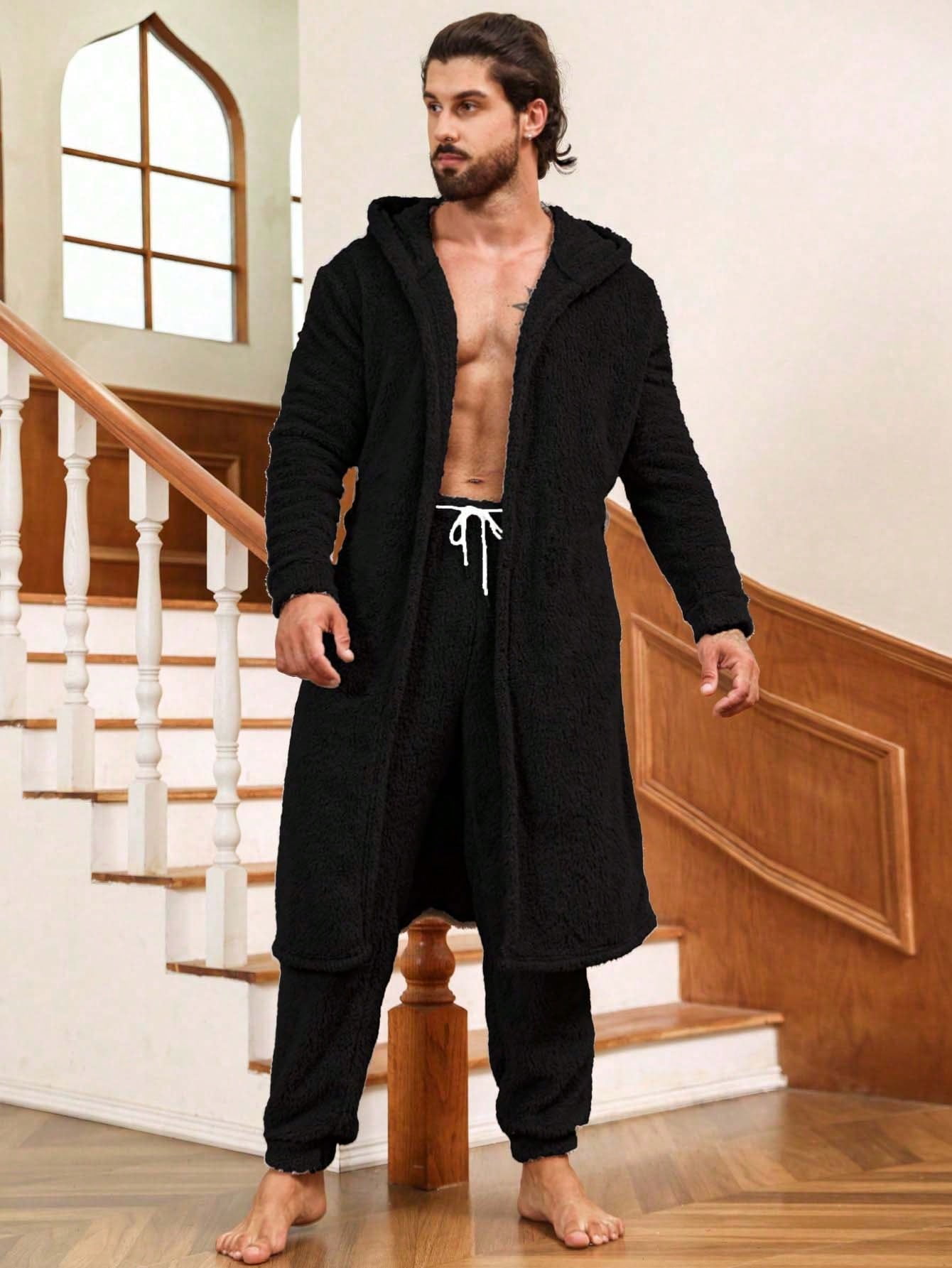 Men Dual Pocket Hooded Belted Flannel Robe & Pants PJ Set - Walmart.com