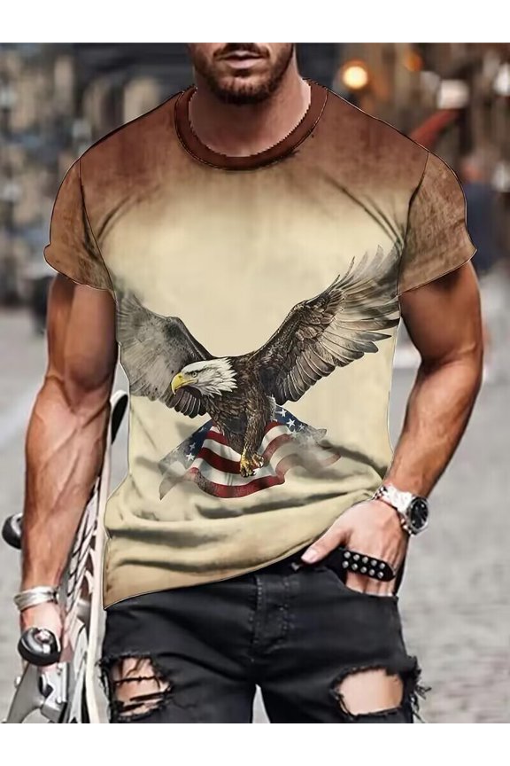 Men Eagle Pattern Gradient Novelty Casual Short Sleeve T Shirt