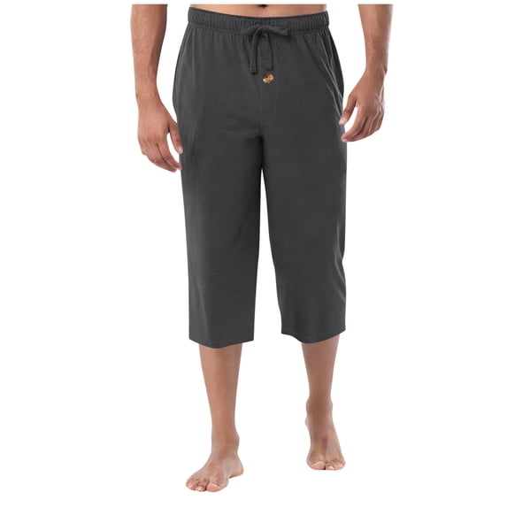 Men Elastic Drawstring Capri Pajama Pants, Solid Loose Wide Leg Below Knee Loungewear Sleep Bottoms with Front Pocket & Button Fly Size 3XL Dark Gray