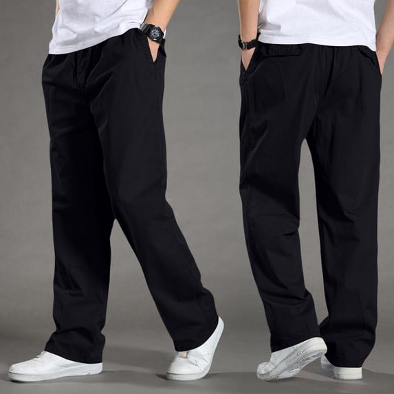 Men Elastic Waist Straight Leg Cotton Casual Pants Solid Color Loose Fit Trousers With Side Pockets L