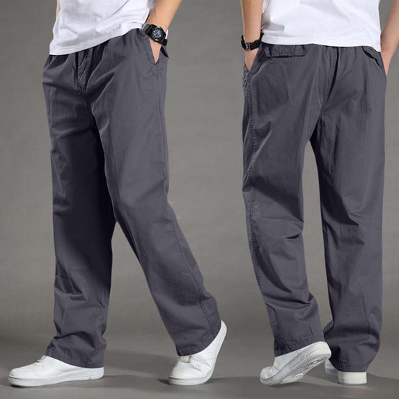 Men Elastic Waist Straight Leg Cotton Casual Pants Solid Color Loose Fit Trousers With Side Pockets M