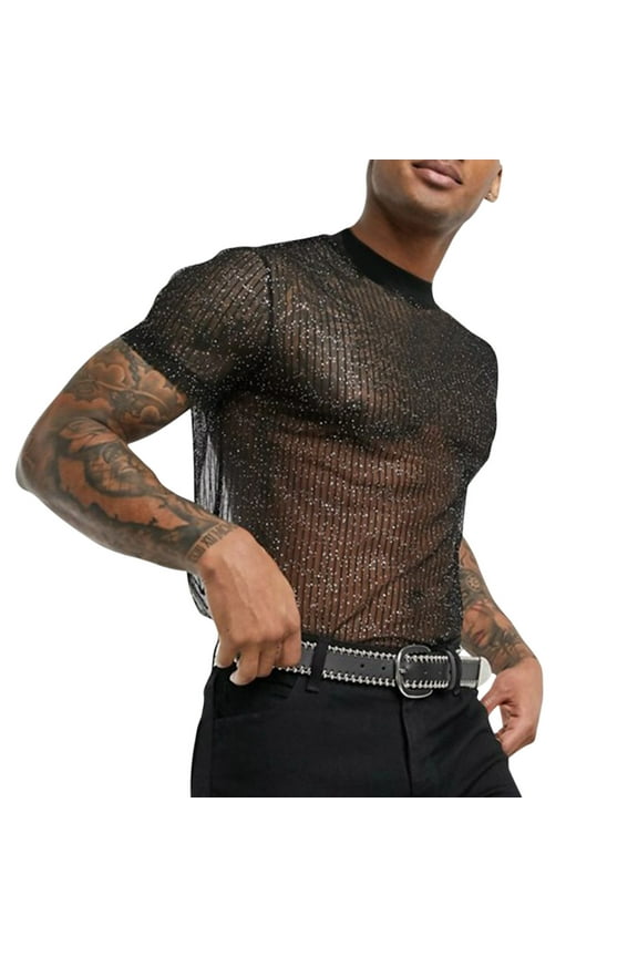 Men Elegant T-Shirt Summer Mesh Blouse Tight Crew Neck Short Sleeve Modern Stretch Basic Casual Neckline Fresh Tee Shirts Tops Soft Dailywear Lightweight Clothes